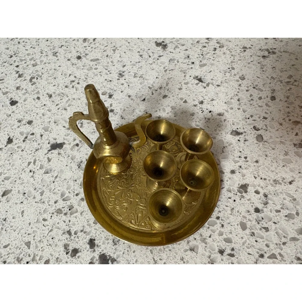 Brass Liqueur Set Decanter Cups Tray Vintage Middle Eastern Style Decorative